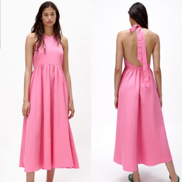 NWT Zara Pink Poplin Halter Neck Dress, Size M - Picture 7 of 13